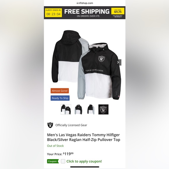 Las Vegas Raiders Tommy Hilfiger Black/Silver Raglan Half-Zip Pullover Top NWT - Picture 6 of 7